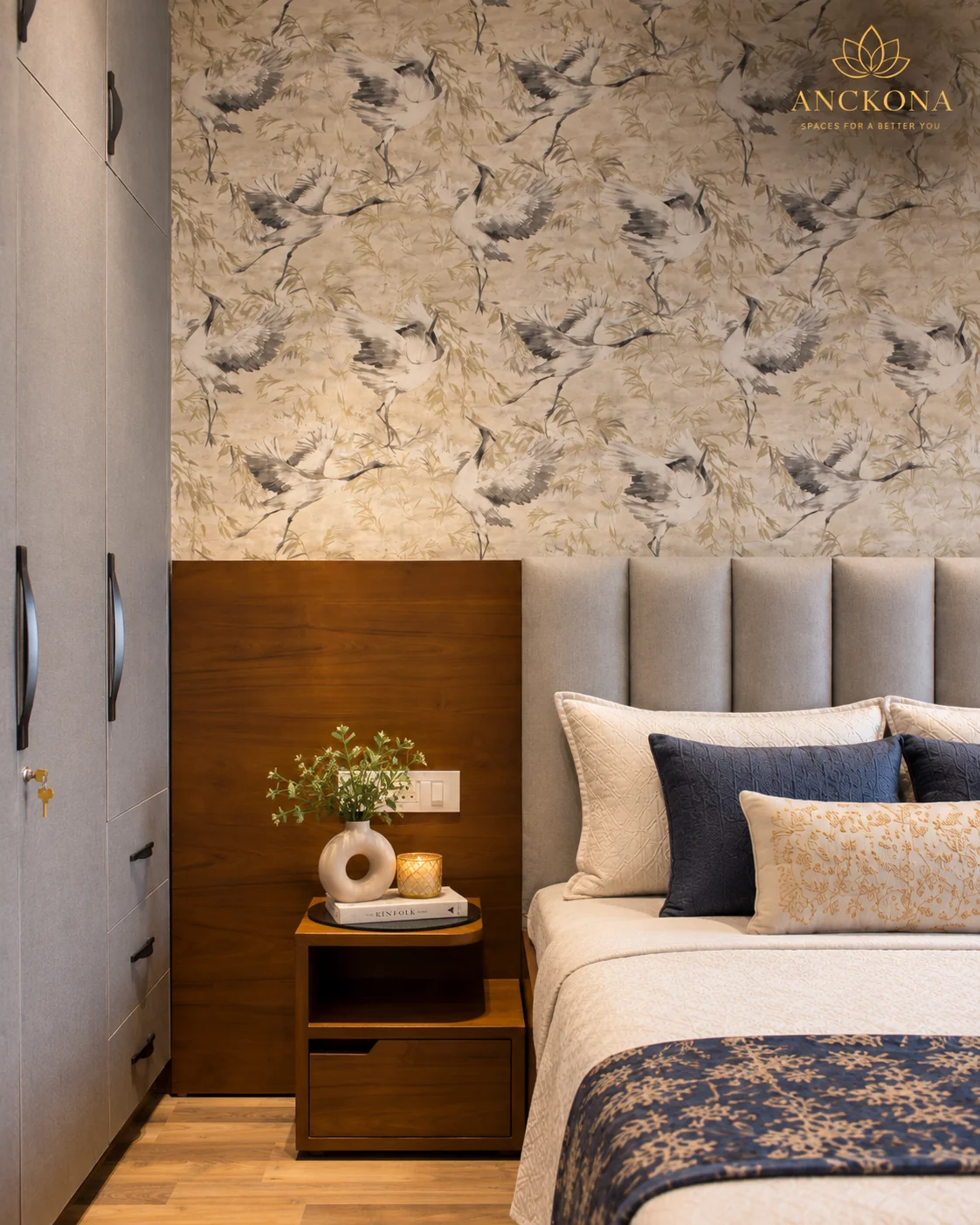 Floral bedroom wall and bedside styling