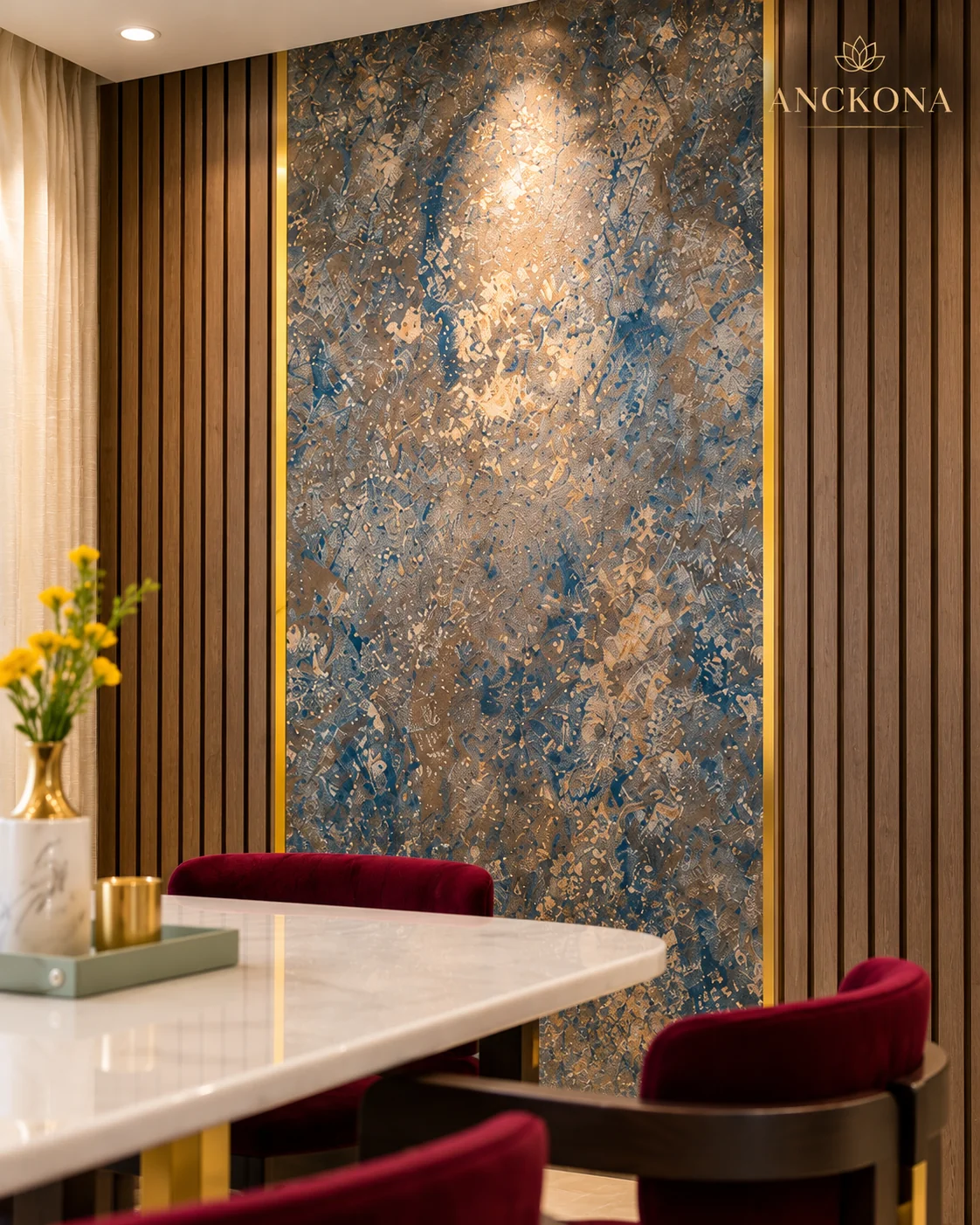 Stone feature wall and dining table detail