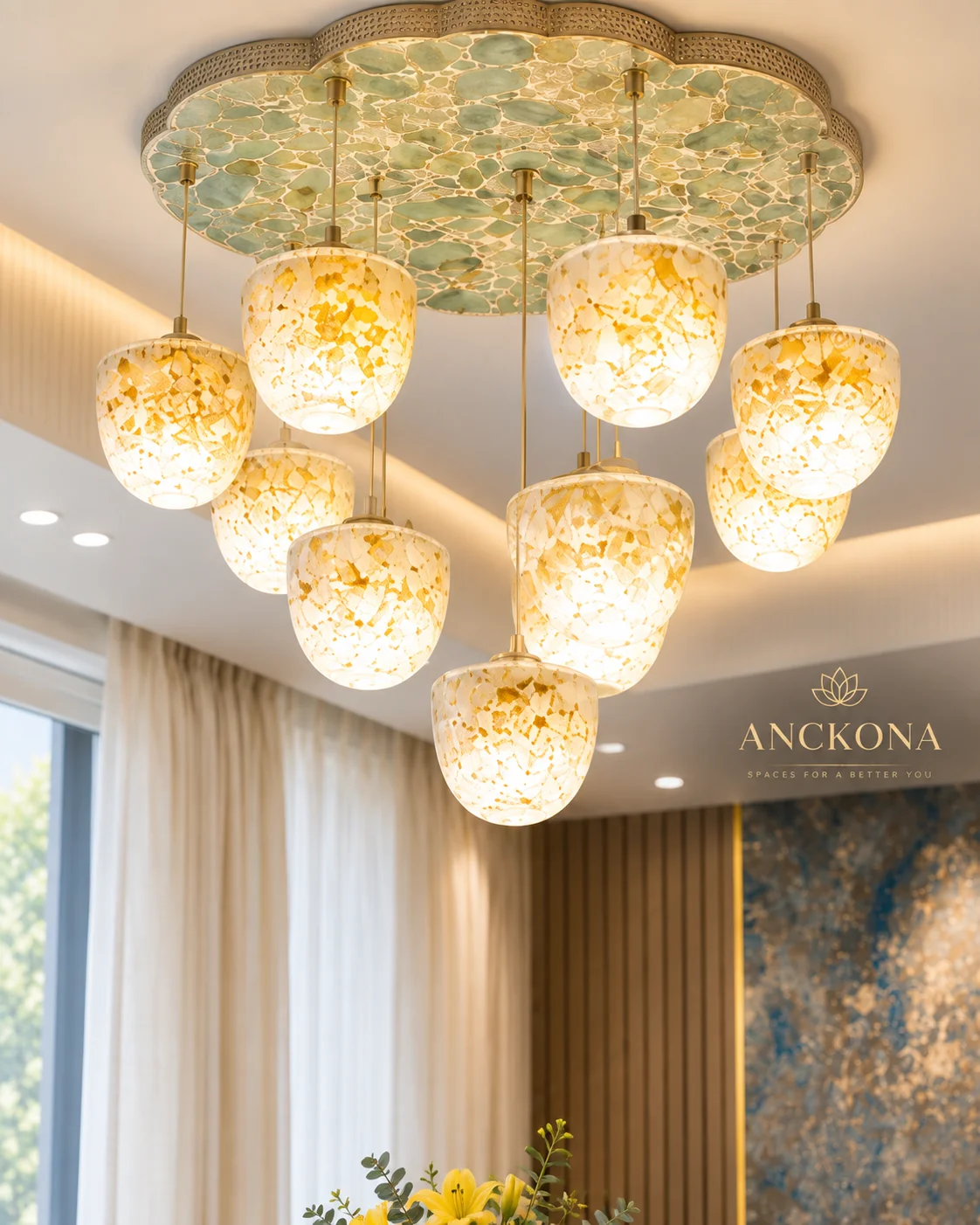 Sculptural pendant lights above the dining area
