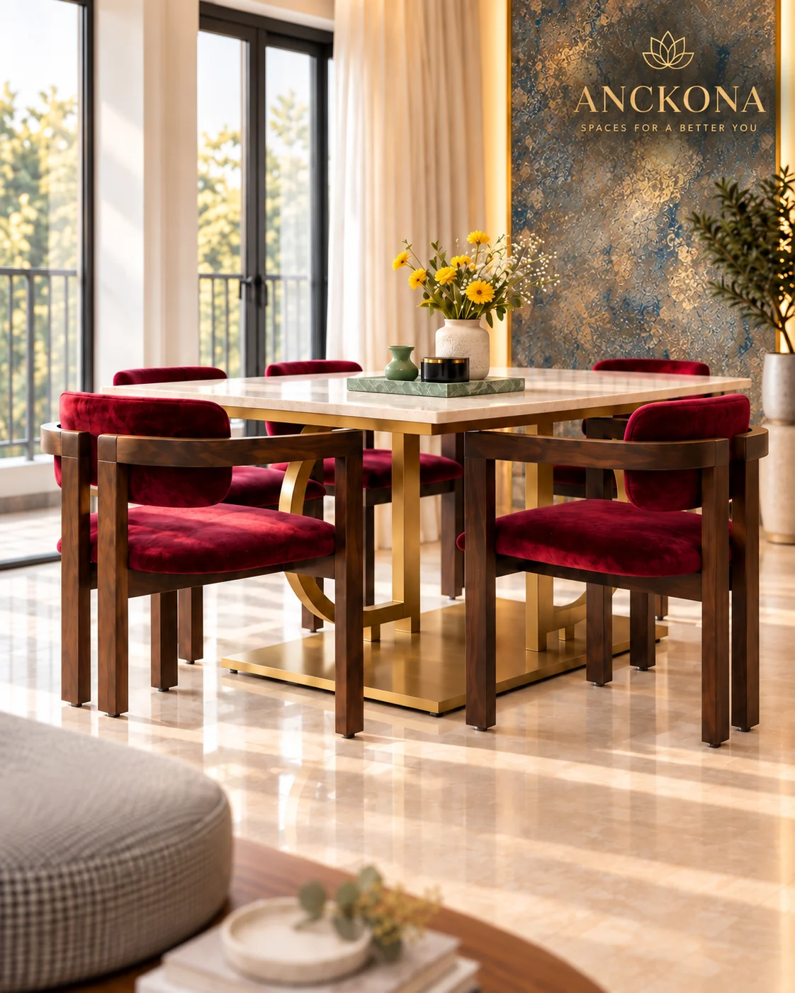 Dining room with burgundy chairs and a marble table