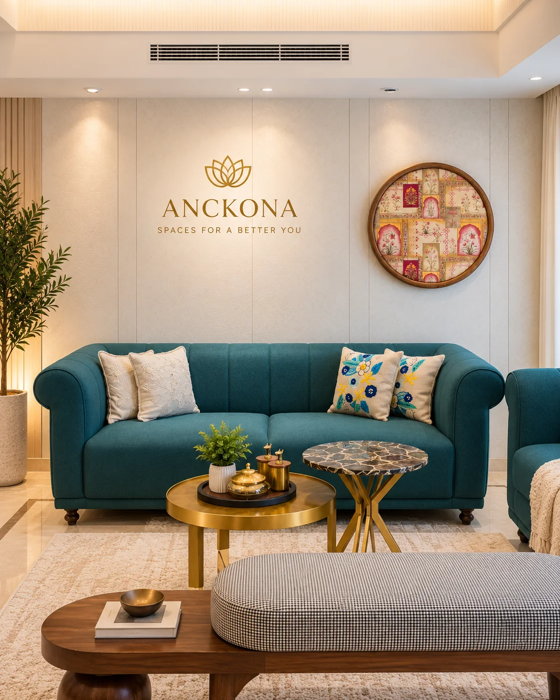 Teal sofa and custom entertainment wall in the living room