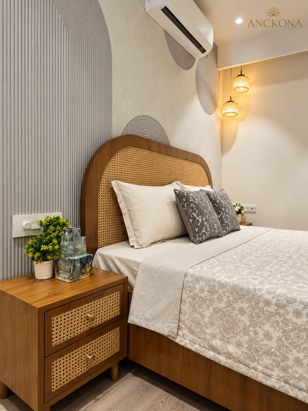 Japandi bedroom with curved cane headboard
