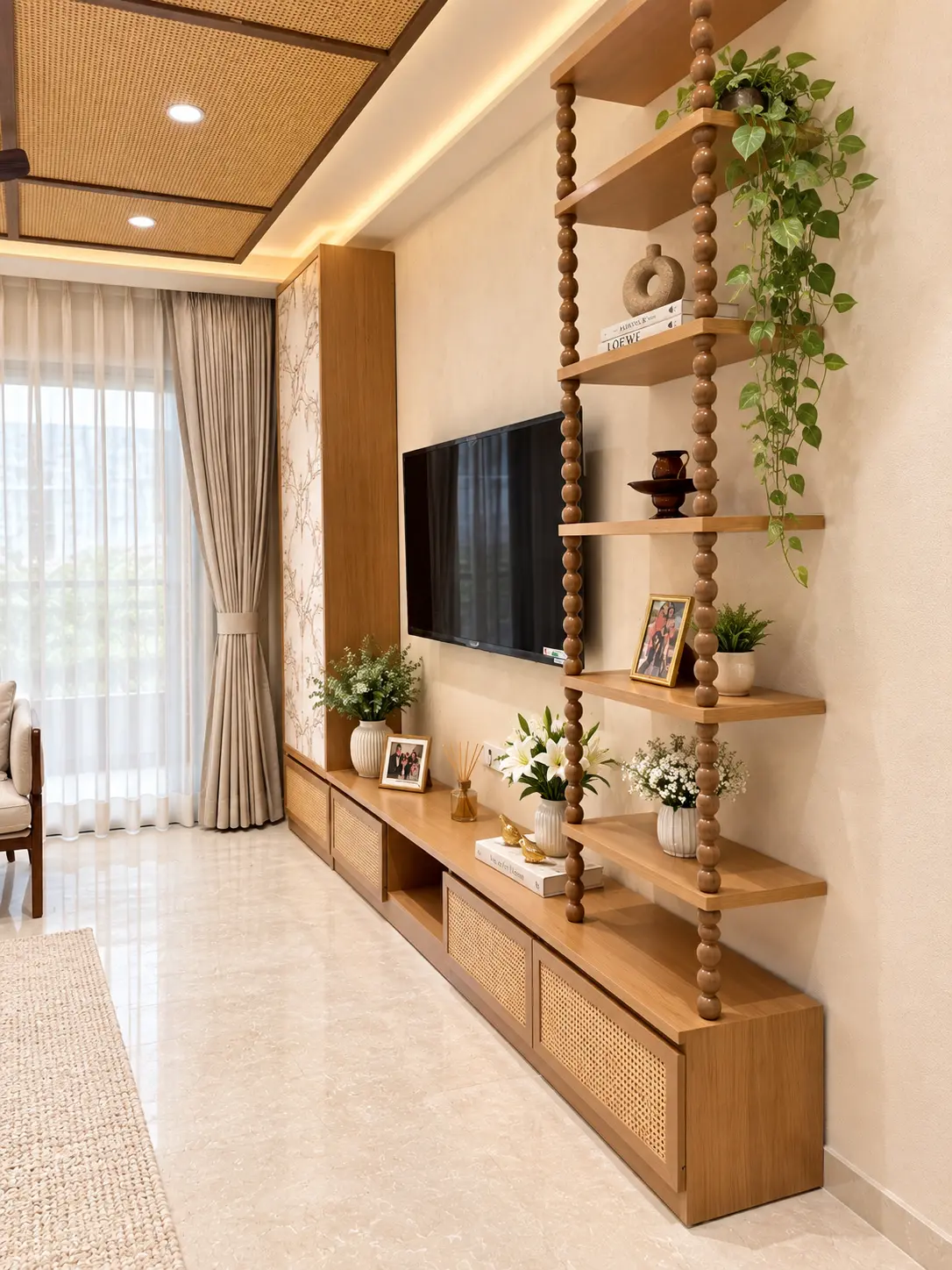 Japandi living room with cane and wood entertainment unit